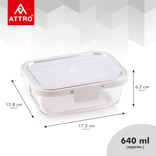 Image of ATTRO Glassox Borosilicate Rectangular Glass Lunch Box with Stainless Steel Lid Food Storage Container Microwave & Freezer Safe BPA-Free Food-Grade 640ml