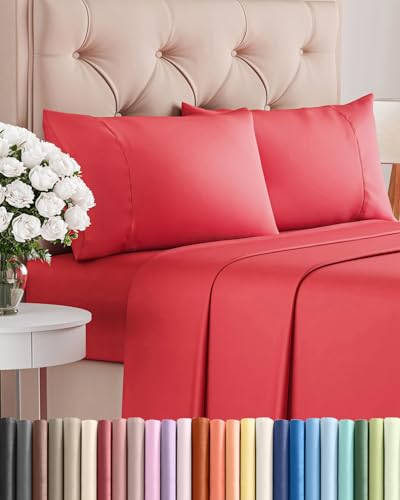 Image of Twin 4 Piece Bed Sheet Set - Comfy, Breathable & Cooling Bed Sheets - Red | Ultra Soft Hotel Luxury Bedding Set with 8-16 Inch Deep Pockets, 1 Flat & 1 Fitted Sheet & 2 Pillowcases, Wrinkle & Fade Free