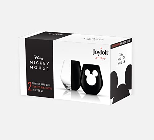 Image of JoyJolt Disney Luxury Mickey Mouse Stemless Wine Glasses Set. 2x European Crystal Glass Drinking Glasses. Premium Xmas Stuff, Gifts and Cups. 20oz Black Wine Glass, Disney Wine Glass