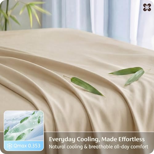 Image of Bedsure Full Size Bed Sheets, Cooling Sheets, Rayon Derived from Bamboo, PureWoven, Breathable & Soft, Deep Pocket Up to 16 Inches, Hotel Luxury Silky Bedding for Hot Sleepers, Light Beige