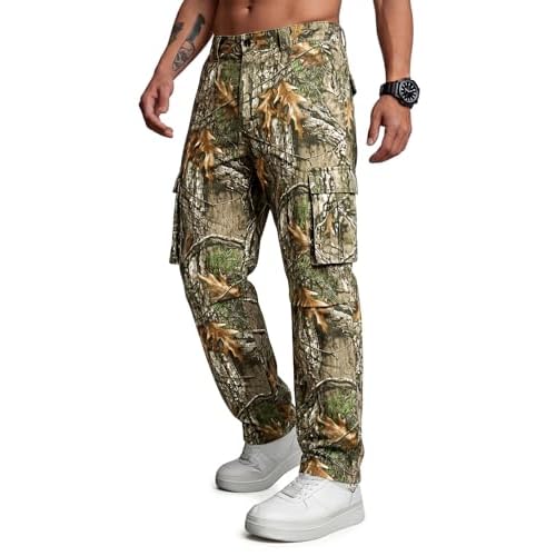 GINGTTO Men's Hunting Pants Camo Cargo Tactical Pants Lightweight Insulated Clothes Brush Leaf Camo 38