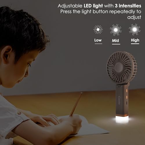 Image of Gesto Portable Fan Rechargeable with LED Light - Foldable Mini Fan, Small Fan,USB Charging Hand Fan with 1200mAh Battery & 3 Speed Modes | Travel, Makeup, Kitchen,Women's Personal Pankhaa - Grey