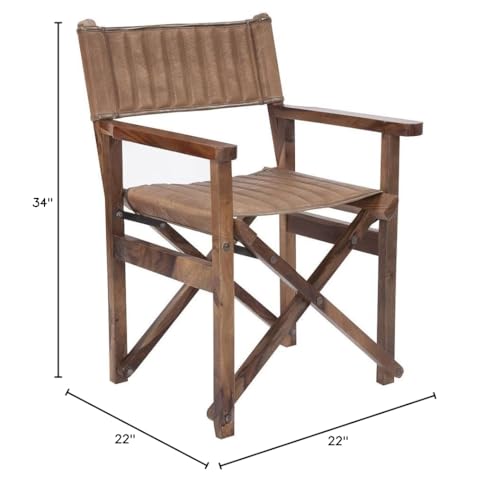 Image of Howard Elliott Collection Premium Wooden Wide Leather Director's Chair with Brown Frame, Foldable & Collapsible Upholstered Wooden Leather Chair Canvas for Directing, 22 x 22 x 34 Inches, Brown
