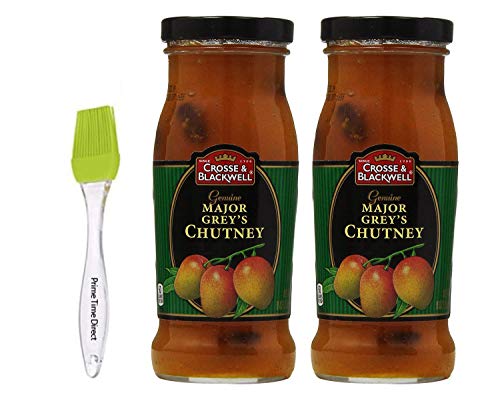 Crosse & Blackwell Genuine Major Grey's Chutney 9 oz (Pack of 2) Bundle with PrimeTime Direct Silicone Basting Brush in a PTD Sealed Bag