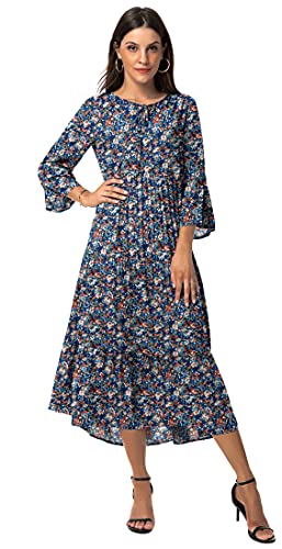 Viishow Women's Casual Boho Dress Floral Print Ruffle Sleeve High Waist Maxi Beach Dresses(F Little Blue Flower,Large) #TOP2