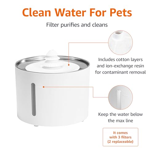 Image of Amazon Basics Large Capacity Pet Water Fountain with Stainless Steel Top, Ultra Quiet, Easy to Clean, BPA Free, 3L, White, 3 Filters Included (White, 3 LTR)