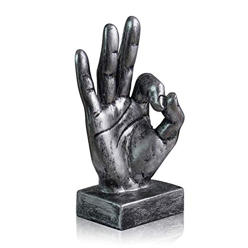 LEPENDOR Statue di gesti delle dita Decorazione scultura a mano Mano resina scultura decorazioni per casa e ufficio - Argento, Ok Dita