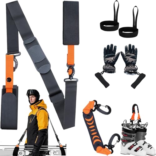 RUISOPE 3 Pieza Esquí Correa y Correa para Transportar Bastón, Ski Straps Ajustables con Correas de Hombro Antideslizantes y Hebilla Metálica Correas de con Acolchado para Adultos y niños