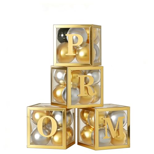 4 Pcs Prom Boxes with Letters 11.8 x 11.8 x 11.8 Inch Gold Transparent Clear Balloon Boxes with 20 Balloons for Prom Decorations 2026