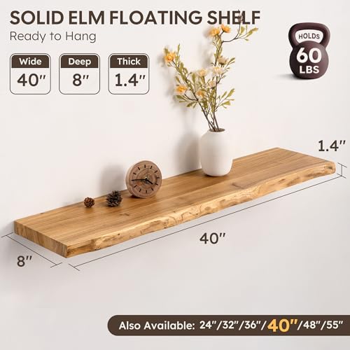 Image of 40 inch Floating Shelves, Solid Elm Wood, Natural Live Edge