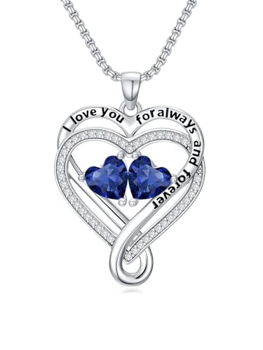 I Love You for Awlays and Forever Double Heart Necklace with Birthstone, 2 Birth Stone Jewelry Anniversary Valentines Mothers Day Christmas Birthday Gifts for Women Her Wife Girlfriend Mom Mother