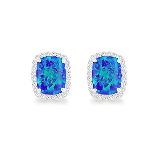 Tuscany Silver Women's Sterling Silver Rhodium Plated Rectangle Synthetic Blue Opal and White CZ 8.5mm x 10mm Halo Stud Earrings