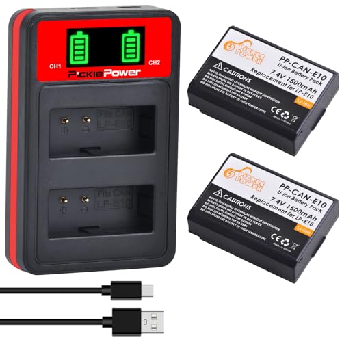 Pickle Power 2 X1500mAh LP E10 Batería y Cargador rápido para Canon EOS Rebel T3, T5, T6, T7, T100, EOS 1100D, EOS 1200D, EOS 1300D, EOS 2000D, Kiss X50, X70 X80, X90 Cámara Digital