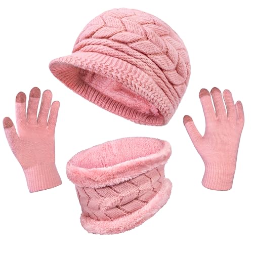 Image of 3-Pieces Winter Hat Gloves Scarf Set, Knit Warm Beanie Hat Neck Warmer Touch Screen Mittens for Women