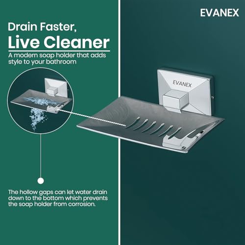 Image of EVANEX Soap Dish for Bathroom | 304 Grade Stainless Steel Soap Dish Tray | Wall Mounted Soap Holder with Drainage Slots | Corrosion Free Modern Design (Vento)