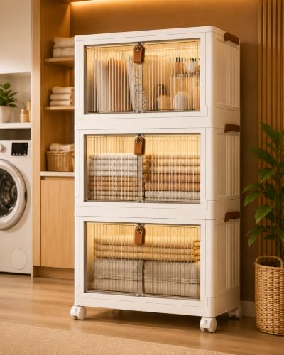 Image of ๐ ๐๐๐๐ Plastic Rack for Storage Cabinet with Wheels | Multipurpose Shelf Storage Services Almirah Wardrobe for Clothes, Kitchen Cupboard | Plastic Organizer with Transparent Doors