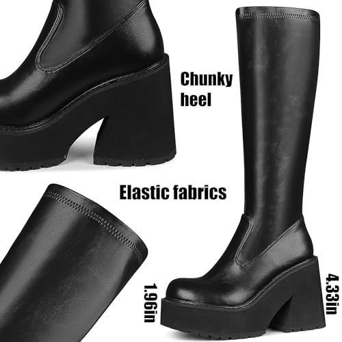 AMINUGAL Womens Elastic Knee High Platform Chunky Block High Heel Sock Boots Zipper Round Toe Fashion Motorcycle Combat Punk Boots For Women3