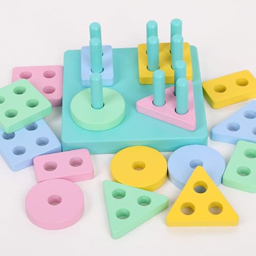 Image of SHINETOY Montessori Toys for 1-3 Year Old Boys Girls Toddlers, Wooden Sorting & Stacking Toys for Kids Preschool, Educational Building Blocks, Color Recognition Stacker Shape, 16 pcs