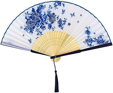 Handheld Folding Fan for Women Folding Hand Fans Bamboo Fans with Tassel Silk Fabric Fans Wall Decoration Wedding Party (Black)
