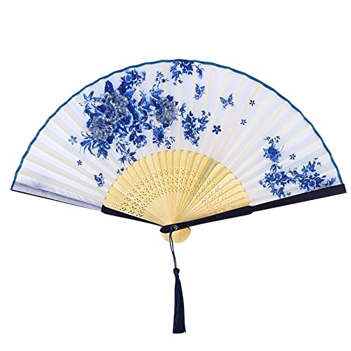 Yukiyi - Éventail pliable à main pour femme, en bambou et tissu de soie, avec pompon - Décoration murale, fête de mariage - Blanc 1