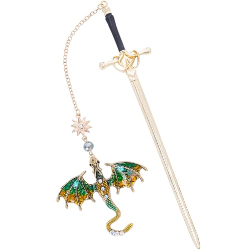 Berirexrion Fantasy Dragon Sward Bookmark - Cool Fourth Wing Page Marker Unique Personalized Tassel Metal Pendant Antique Gold Green Bookmarks Reading Gift Men Birthday Teacher Friend Thank Christmas