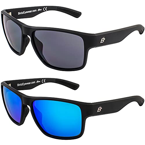 Birdz Eyewear Glide 2 Pairs Sunglasses for Men or Women Scratch Resistant Lens Lightweight Black Square Frame Smoke and Blue Mirror Lens