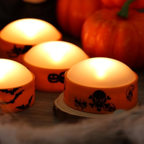 Image of CANDLE CHOICE Halloween LED Pumpkin Lights with Remote Timer Bright Flickering Battery Operated Jack-O-Lantern Electric Flameless Candles with Decals Halloween Decorations Holiday Decor 4 Pack Orange