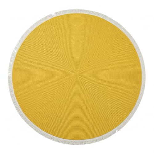 Image of Cotton Round Carpet 3x3 feet - Handmade Braided Boho Rug for Living Room, Bedroom & Balcony - Soft Washable Floor Mat, Color -Yellow