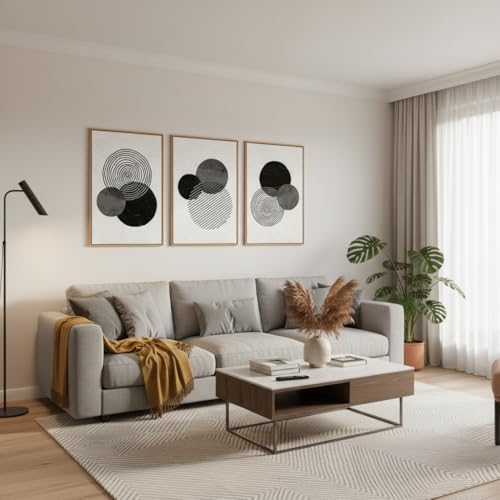 Framed Black and White Wall Art Canvas Set Mid Century Boho Pictures Modern Geometric Lines Rounds Wall Decor Minimalist Bohemian Abstract Painting Artwork for Living Room Bedroom Office 16"