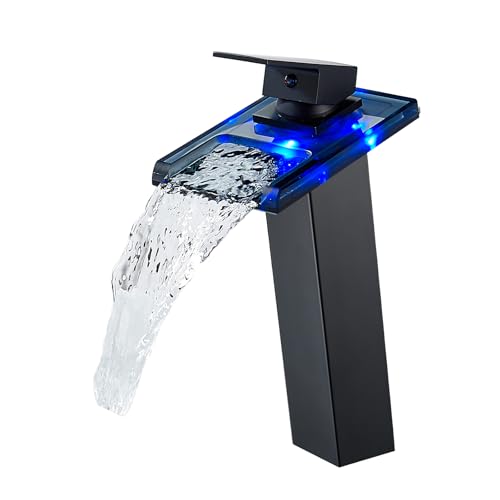 KEOKBON LED Schwarz Wasserfall Wasserhahn, RGB 3 Farbewechsel Waschtischarmatur Einhebelmischer mit Temperatursensor Waschbeckenarmatur Rostfreier Stahl 304 für Badezimmer, 2 Schlauches（G3/8 x 50cm ）