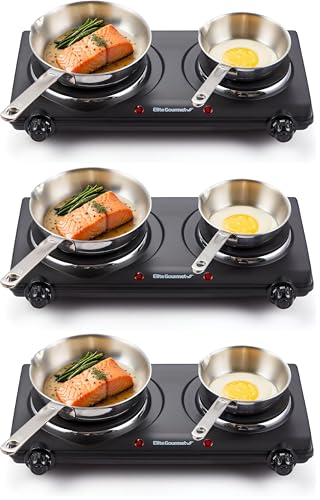 Image of Elite Gourmet EDB-302BF# Countertop Double Cast Iron Burner,1500 Watts Electric Hot Plate,Temperature Controls,Power Indicator Lights,Easy to Clean,Black,(Pack of 3)