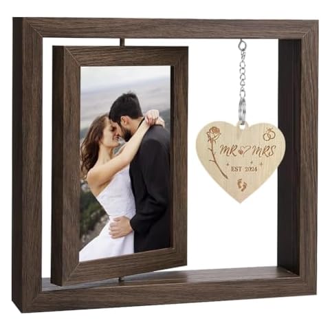 Rotating Floating Mr and Mrs 2024 Wedding Photo Frame Gifts for Bride and Groom,Double Side Wood Newlywed Just Married Anniversary Present Picture Frame With Heart for 2024 Couples Engagement Gift Cover