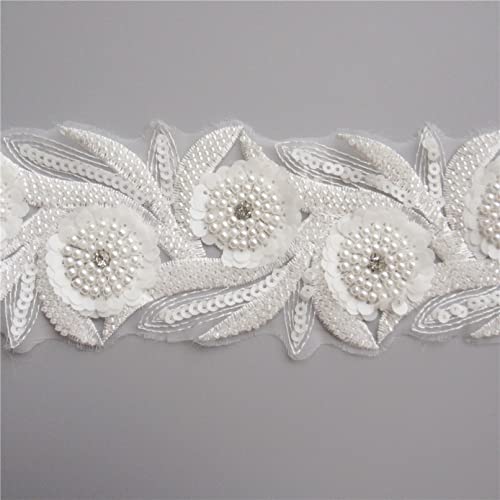 1 Yard White Beaded Sequins Flower Lace Trim Ribbon Embroidered Fabric Bridal Wedding Dress Sewing Clothing Decoration #TOP5