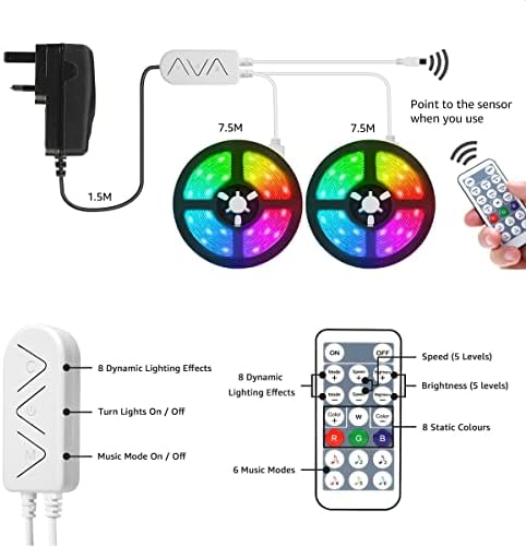 Lepro MagicColor LED Strip 15M (7.5Mx2) Chasing Effect, Music Sync Rainbow Light, Addressable RGB Strip with IC Chips, Remote Control Multicolour LED Lights for Bedroom, Bar, Kids Room, Gaming Time