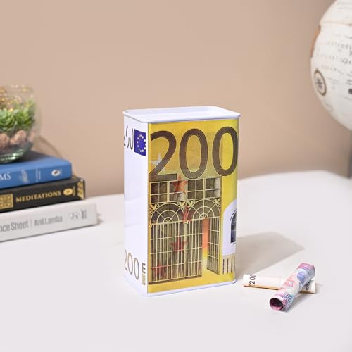 Image of Market99 Rectangular Money Bank | Yellow Tin Coin Bank with 200 Euro Note Print & Glossy Finish | Durable Piggy Bank for Kids & Adults | Stylish Savings Box for Home, Office Desk & Gifting