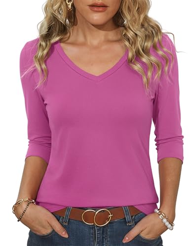 Totatuit T-Shirt Damen 3/4 Arm V-Ausschnitt Elegant Oberteile Sommer Business Tshirt Mode Tunika Casual Basic Top Rosenrot M