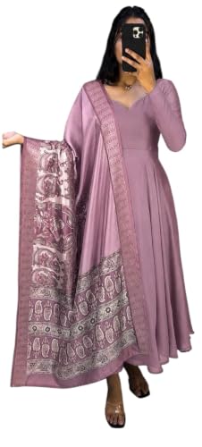 Image of Women's Ethnic Anarkali Kurta Set | Premium Vichitra Silk Gown with Printed Mayura Silk Kalamkari Dupatta Brown