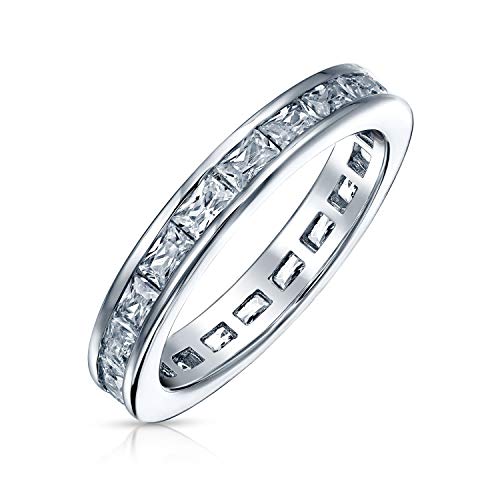 Simple Cubic Zirconia Channel Princess Cut CZ Stackable Wedding Band Eternity Ring For Women 925 Sterling Silver 2MM
