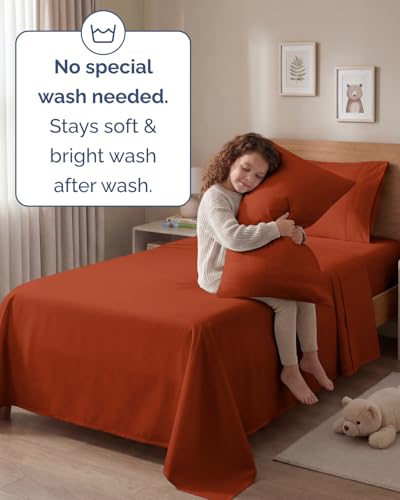 Image of Twin 4 Piece Bed Sheet Set - Soft, Breathable & Cooling Sheets - Terracotta | Ultra Soft Hotel Luxury Bedding Set with 8-16 Inch Deep Pockets, 1 Flat & 1 Fitted Sheet & 2 Pillowcases, Wrinkle & Fade Free