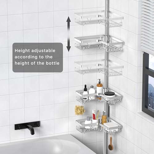 Image of KEGII Shower Caddy Tension Pole with 2 Towel Bars, Adjustable Corner Bathroom Organizer, Rustproof Bathtub Storage Shelves for Shampoo, 25-114.2 Inch Shower Rack for Renters & Family, Silver