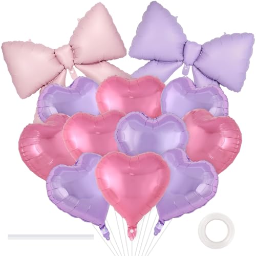 Image of 12 Pcs 18 Inch Heart Balloons and 38 Inch Bow Balloons, Large Foil Bow Heart Balloon Bow Party Decorations for Birthday Baby Shower Valentines Wedding Party
