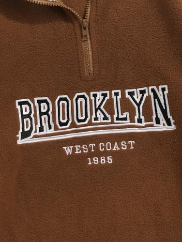 ZAFUL Men's Polar Fleece Sweatshirt BROOKLYN WEST COAST Embroidered Quarter Zip Kangaroo Pocket Color Block Stand Collar Pullover (1-Deep Coffee, S)4