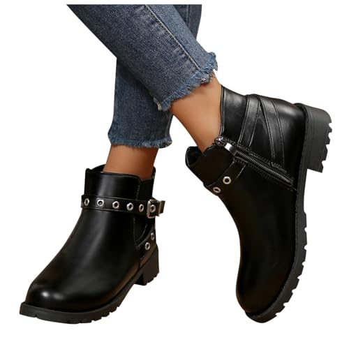 Bottes style britannique en polyuréthane uni avec talon bas épais - 5