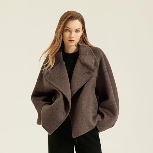 utcoco Women Cropped Thicken Wool Coats Oversized Short Jackets Notched Lapel Pea Coat Trench Overcoats with Pockets2