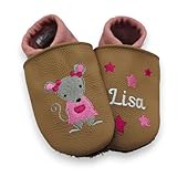ZwergenUnikate Krabbelschuhe   Handgefertigte Lederpuschen für Babys und Kleinkinder personalisiert mit Mäuschen und Namen   weiches Leder, ideal für erste Schritte