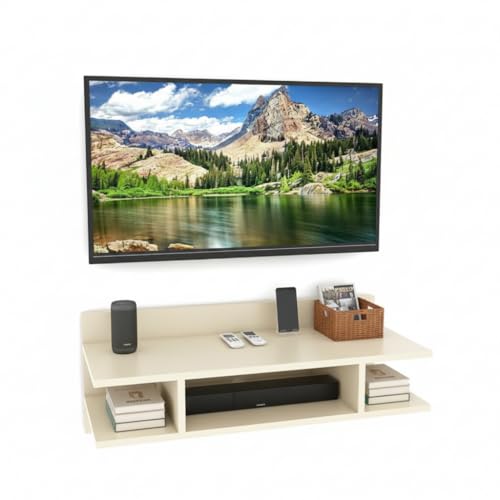 Image of Engineered Wood Set Top Box Stand | Wall Mounted TV Unit Shelf for Router, WiFi, DVD, Gaming Console | Sturdy & Space Saving TV Accessory Organizer (Brown, 50 x 20 x 15 cm) (Cream)