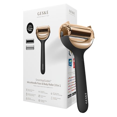GESKE | SmartAppGuided™ MicroNeedle Face & Body Roller | 8 in 1 | Derma Roller | Elektrisches Microneedling | Nadelroller | Needleroller | Beauty Roller für Gesicht und Körper | kühlender Aufsatz