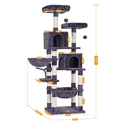Heybly Cat Tree With Toy,70 Inches Cat Tower Condo For Indoor Cats, Cat House With Padded Plush Perch, Cozy Hammock And Sisal Scratching Posts, Smoky Gray Hct032G #TOP2