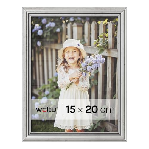 WOLTU Bilderrahmen 15×20, Fotorahmen aus Massivholz und PS-Platte, Holzrahmen mit Passepartout, zum vertikalen oder horizontalen Aufhängen/Aufstellen, Posterrahmen Collage Wanddeko, Silber