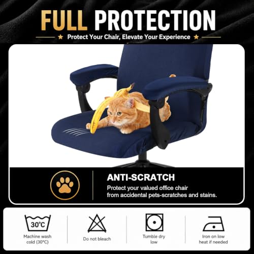 Image of Stretch Computer Office Chair Cover with Armrest Covers Durable Zipper Universal Washable Removable Spandex Rotating Boss Chair Slipcovers Anti-dust Soft Desk Chair Seat Protector, Navy